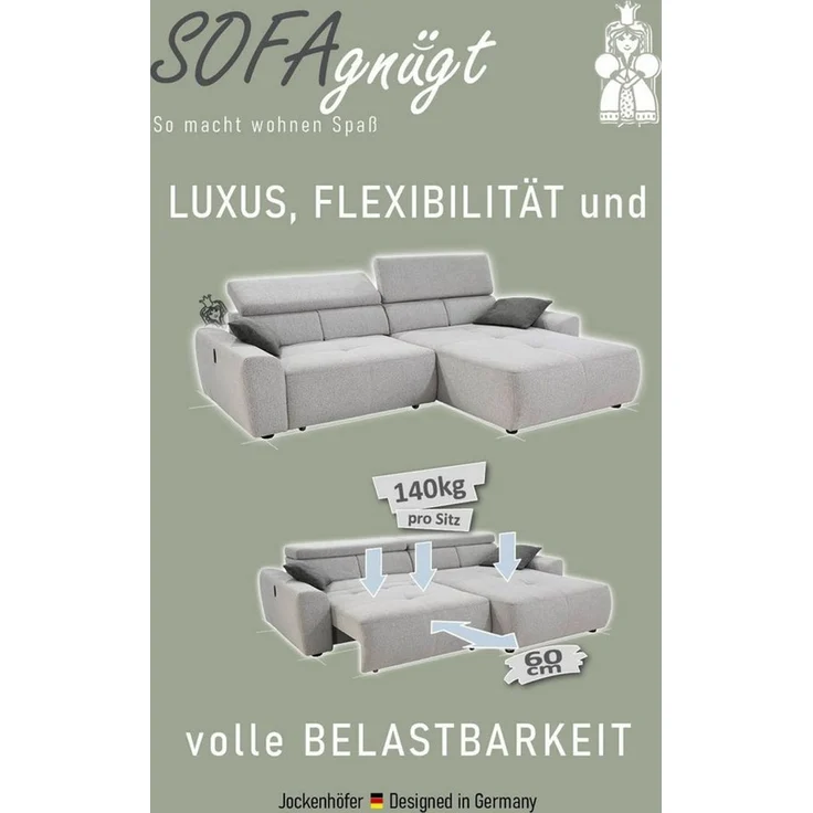 Jockenhöfer Gruppe Ecksofa Unos L-Form, B: 299 cm, mit 60 cm elektr. Sitztiefenverstellung, 140kg Belastbarkeit, USB-Anschluss, Kopfteilverstellung & Zierkissen – Bild 3