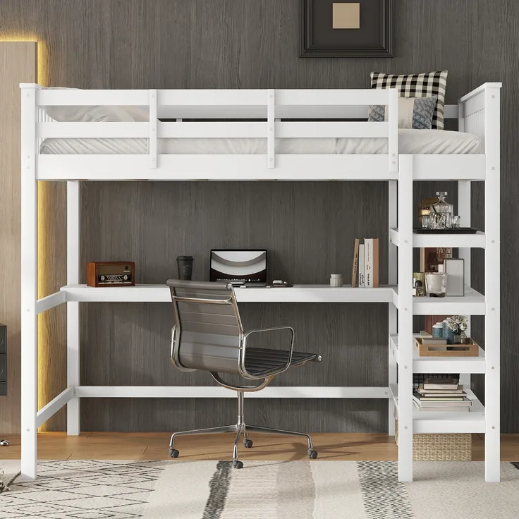 Hochbett 140x200 cm – Kinderhochbett mit Ablagefächern und Unterbettschreibtisch in Weiß, ohne Matratze