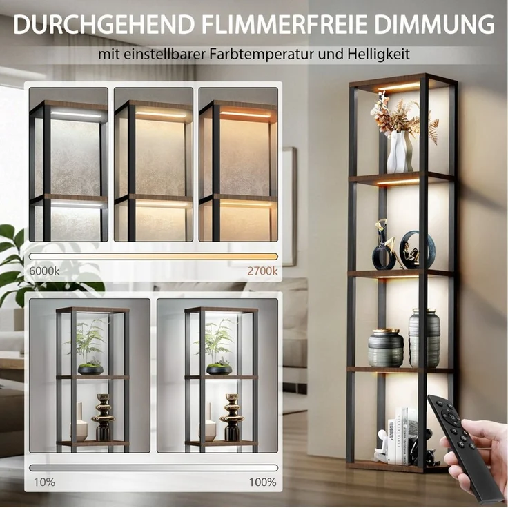 XIIW Stauraumvitrine 5 Etagen LED Standvitrine Standregal Bücherregal Vitrine 38×27×164 cm (Vitrinenschrank mit MDF-Regalen, Fußschalter und Fernbedienung) für Wohnzimmer Schlafzimmer Flur Büro – Bild 3