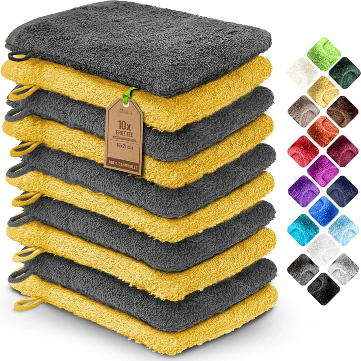 NatureMark 10x Waschhandschuhe aus Frottee 100% Baumwolle – Weich und Robust, Ideal für die tägliche Pflege und Gäste – Anthrazit/Gelb, 15x21 cm