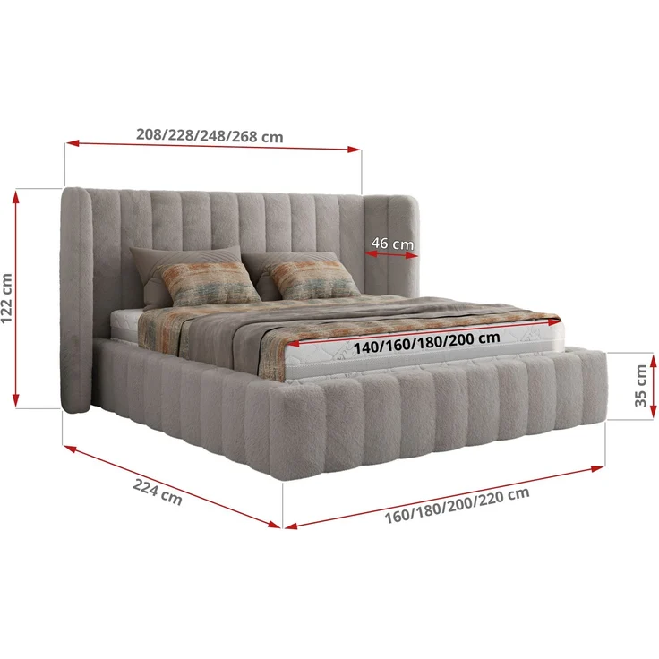 Polsterbett GOLETTA CLASSIC 200 x 200 cm mit gepolstertem Kopfteil, stabilem Bettrahmen, Lattenrost und Bettkasten mit Gasdruckfedern, Doppelbett, zeitloses Design - Hellgrau Plüsch – Bild 6