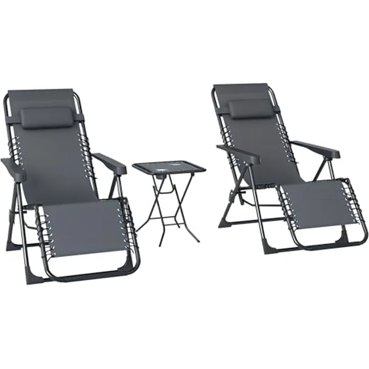 Outsunny Relaxliege mit abnehmbaren Kopfstützen, Beistelltisch, Sonnenliege 3 Teile, für Garten Terrasse Pool Grau – Bild 1