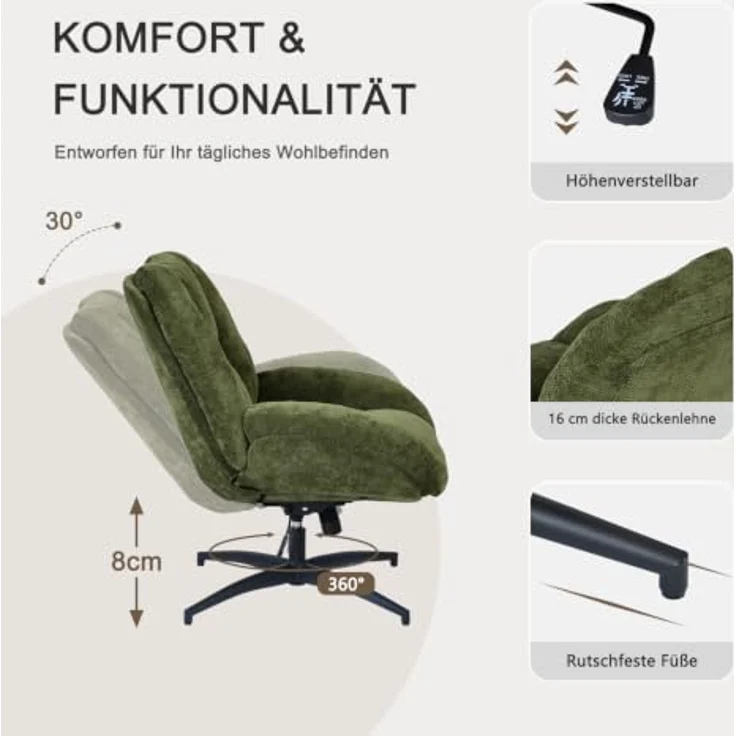 MEUBLE COSY Bürostuhl Ergonomisch Schreibtischstuhl mit höhenverstellbar Wippfunktion 360° Drehbar, aus Chenille-Stoff, ohne Rollen, Grün – Bild 4