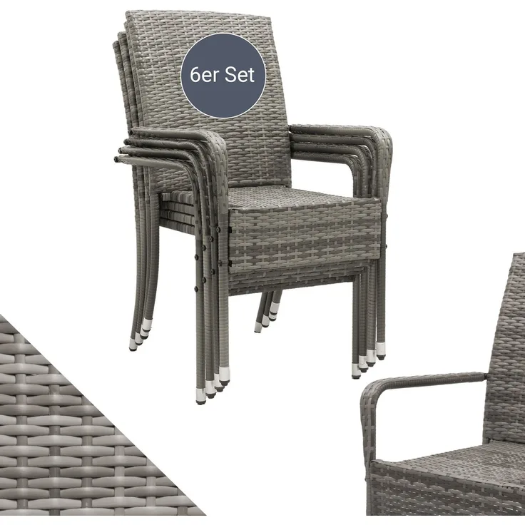 Juskys Polyrattan Gartenstühle Yoro 6er Set - mit Armlehnen & Rückenlehne - 6 Stühle stapelbar - Rattan Stuhl Garten - Stapelstuhl Grau-meliert