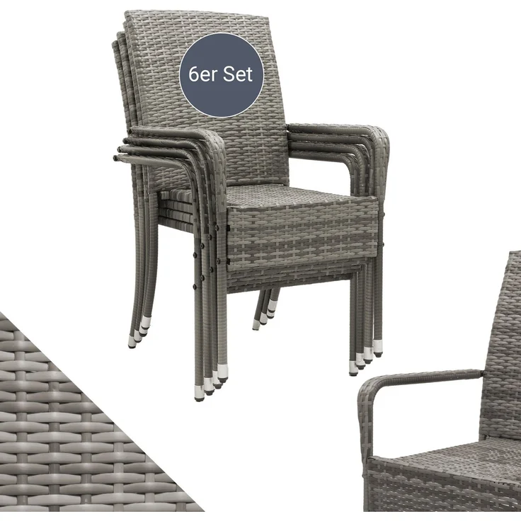 Juskys Polyrattan Gartenstühle Yoro 6er Set - mit Armlehnen & Rückenlehne - 6 Stühle stapelbar - Rattan Stuhl Garten - Stapelstuhl Grau-meliert – Bild 1