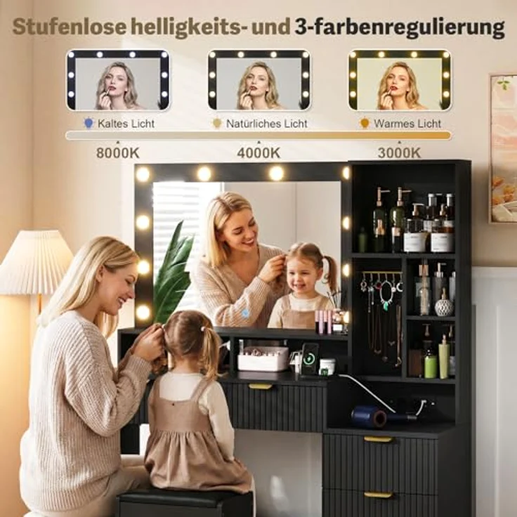 JUMMICO 114cm Großer Schminktisch mit großem Spiegel und LED-Leuchten, Schminktisch mit 5 Schubladen, 7 offene Regale, 7 Häkchen, Kosmetiktisch für Mädchen, Frauen und Schlafzimmer, Obsidianschwarz – Bild 3