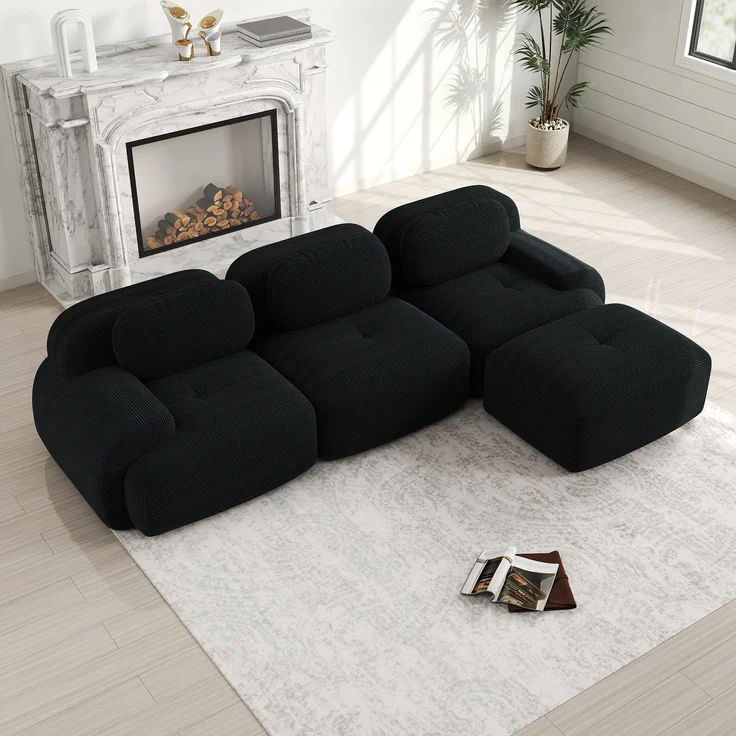 Ecksofa, Modulares ohne Montage ergonomisch und haustierfreundlich aus Cordstoff mit extra-breiten Armlehnen 32D hochelastische Polsterung für Wohnzimmer und Schlafzimmer, Cordstoff, Black – Bild 2