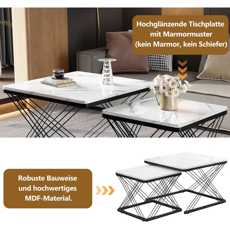 2-teiliges Couchtisch-Set in Weiß mit hochglänzender Marmoroptik, quadratische Beistelltische aus MDF mit höhenverstellbaren Füßen – Bild 8