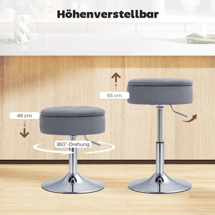 Barhocker, Bistrohocker mit Stauraum, Drehbar Barstuhl, Höhenverstellbar Küchenhocker mit Samtbezug, 39x39x65 cm, Grau--Grau--39x39x65cm--YOUDENOVA – Bild 4