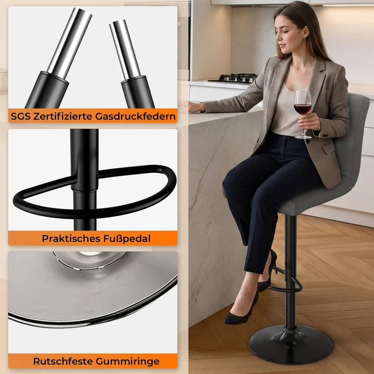 Botifly 2er Set Barhocker Grau Kunstleder, Höhenverstellbar 60-80cm, 360° Drehbare Barstühle mit Fußstütze, SGS-zertifizierte Gasdruckfeder, für Küche, Bar & Theke – Bild 5