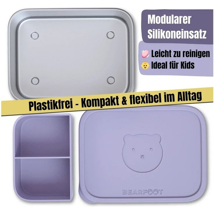 BEARFOOT Lunchbox Brotdose Kinder Edelstahl mit Silikoneinsatz - Lavendel, Kindergarten und Schule - Mädchen und Jungen, Vesperbox, Snackbox – Bild 2