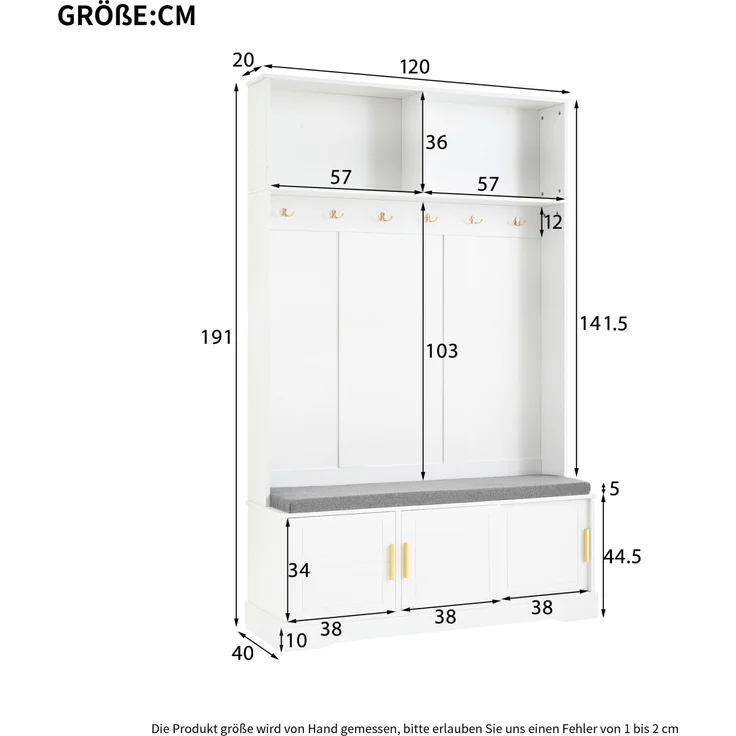 Garderobenständer 120 x 40 x 191 cm mit Schuhbank und 6 Haken, Weiß – Bild 4