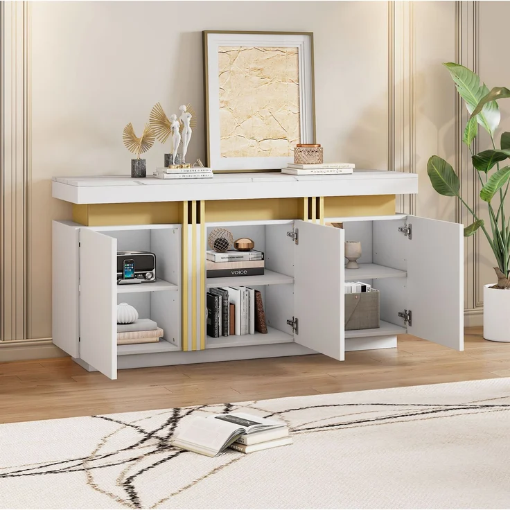 DESVIAE Sideboard mit 3 Türen und verstellbaren Einlegeböden 140x70x38 cm Spanplatte Weiß – Bild 1