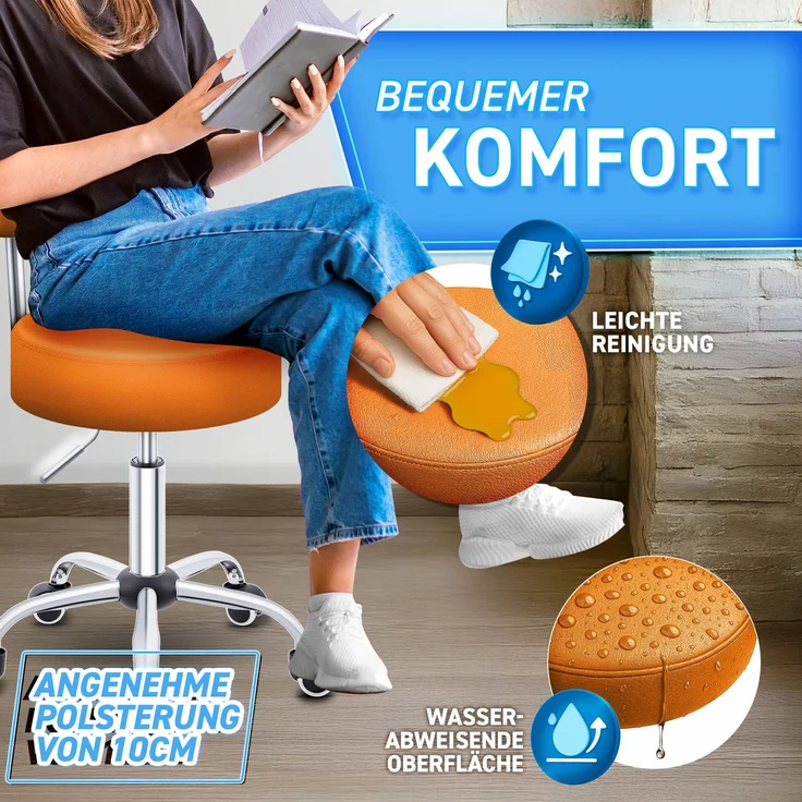 TRESKO Rollhocker Orange mit Lehne Arbeitshocker Hocker Drehhocker Kosmetikhocker Praxishocker – Bild 4
