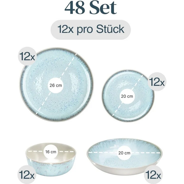 PURE LIVING INTERIOR DESIGN Geschirr-Set Ibiza aus Steingut, 48-tlg, für 12 Personen, Beige Blau (48-tlg), 12 Personen, Steingut – Bild 3