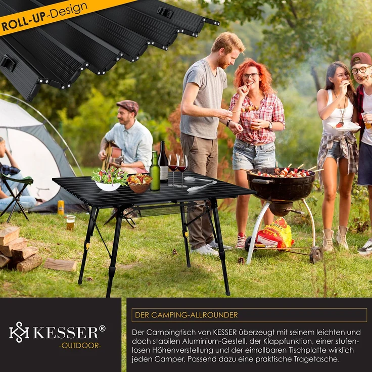 KESSER® Campingtisch faltbar Klapptisch mit Aluminiumrahmen Aufrollbare Tischplatte Falttisch klappbar höhenverstellbar inkl. Tragetasche mit Trageband & Netztasche Schwarz (120 x 70cm) – Bild 8