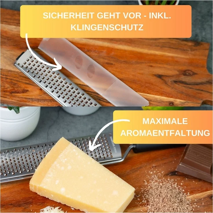 Thiru Multireibe Premium mit Edelstahl Klingen und rutschfestem Fuß inkl. Schutzelement, Fein, Messerscharfe Klingen, inklusive Schutzelemt und Rezeptbuch – Bild 3