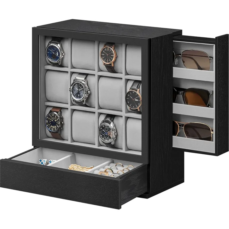 SONGMICS Uhrenbox 12 Fächer, Uhrenkasten mit Fenster, Uhren-Präsentation, Massivholzfurnier, Samtfutter, vertikale Aufbewahrung, platzsparend, Geschenkidee, ebenholzschwarz JOWDE014B01