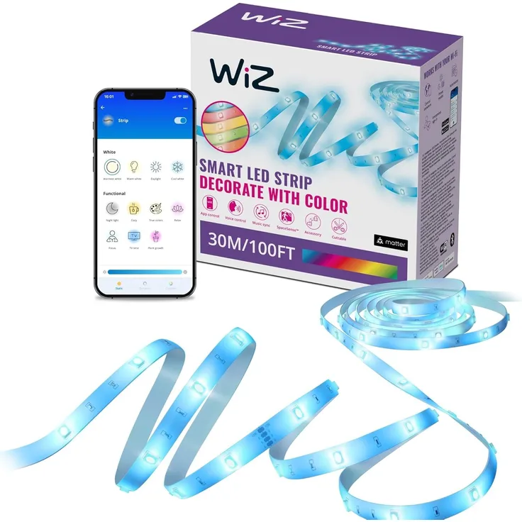 WiZ RGB LED Lightstrip - 30 m, anpassbar, 16 Mio. Farben + Weißtöne, voreingestellte Lichtmodi, verbindet sich mit Ihrem WLAN, Sprach- / App-Steuerung, funktioniert mit Google Home, Alexa und HomeKit