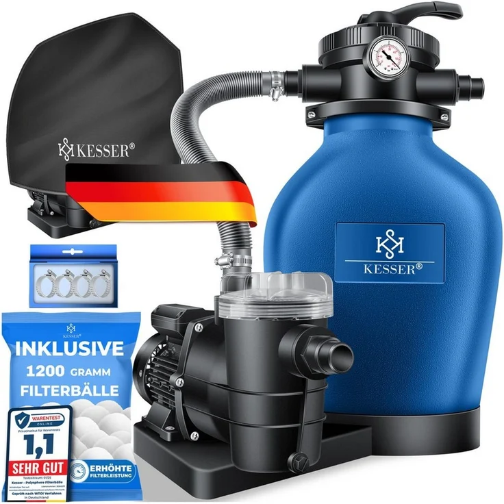 KESSER Sandfilteranlage 600W Sandfilter für Pools 13200L/h Durchfluss Poolfilter 7-Wege Ventil (Filteranlage mit Pumpe, 1200g Filterbälle Druckmanometer, Abdeckung), Tankvolumen für bis 30kg Sand Professionelle Poolwasserfilterung – Bild 1