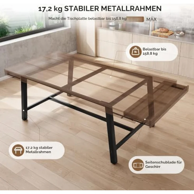 Jocoevol Esstisch, Langer Holz-Esstisch für 6–8 Personen mit 2 Schubladen, Stabiler Metallrahmen, Landhaus Küchentisch, 180 cm Langer Rechteckiger Esszimmertisch, Braun – Bild 4