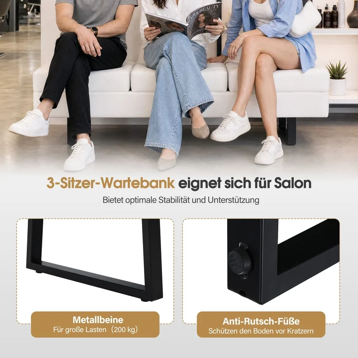 BarberPub 3-Sitzer Sitzbank für Friseursalon, Breite 153 cm, Wartebank Friseur, Polsterbank Schlafzimmer, Bettbank für Wohnzimmer, Schuhbank Flurbank, W513 (Weiß/Kunstleder) – Bild 4