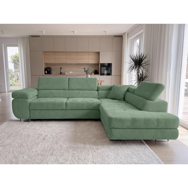 AX LIVING Konak Cord-Ecksofa R Salbeigrün 276 cm breit, Schlaffunktion, Bettkasten – Bild 4