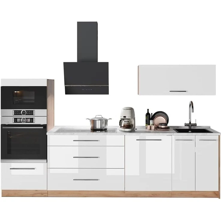 Küchenzeile Fame-Line Weiß Hochglanz/Goldkraft Eiche 280 cm, AP Marmor Vicco – Bild 8