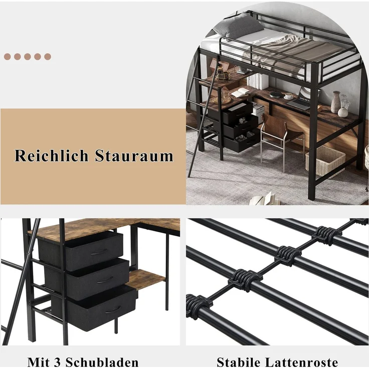 Hochbett mit Rausfallschutz, Lattenrost, Regal und Schreibtisch, 90x200 cm, Metallbett, Kinderbett, Jugendbett – Bild 7