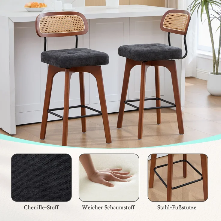 2er-Set um 360° drehbare Barhocker, Küchen- und Frühstücksbarhocker mit Rückenlehne, Rückenlehne aus Rattan mit gepolsterter Sitzfläche, Barhocker im modernen Mid-Century-Stil(schwarz, Chenille-Stoff--Schwarz--51x44x96cm--YOUDENOVA – Bild 3