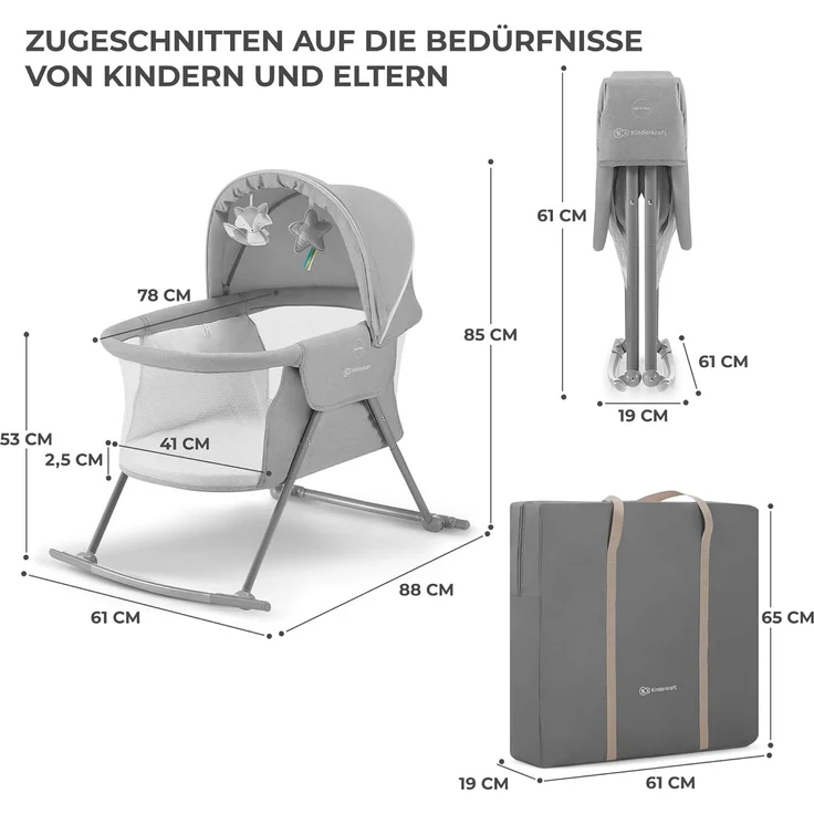 Kinderkraft Kinderbett 3 in 1 LOVI, Kinderreisebett, Stubenwagen, Babywiege, Baby Wippe, Zusammenklappbar, Einfach Transport, mit Zubehör, Tasche, Moskitonetz,von Geburt bis 9 kg, Grau – Bild 9