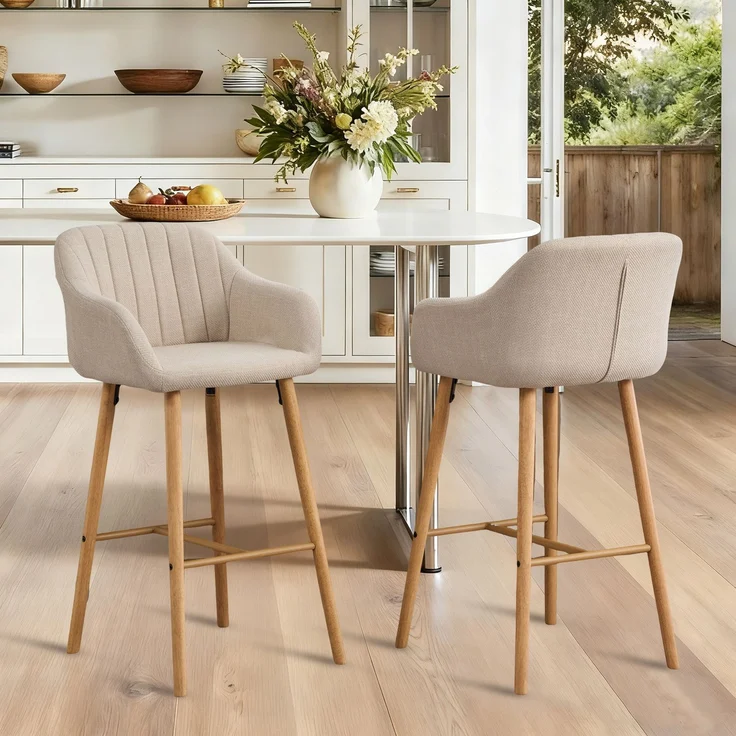 LVHOM Barhocker 2er Set, Barstühle mit Rückenlehnen und Armlehnen, Tresenhocker mit Holzbeinen, Tresenstuhl Stoff, Beige – Bild 9