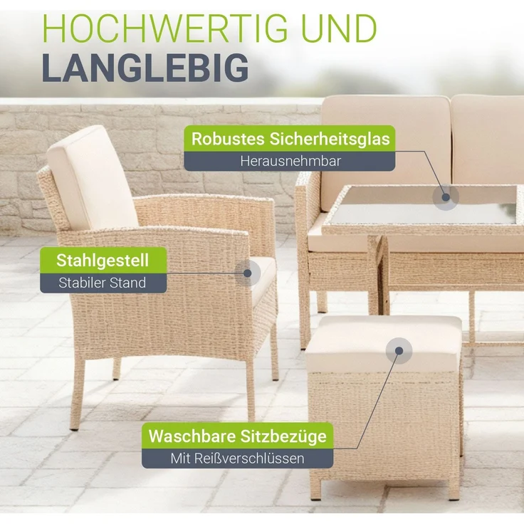 Juskys Polyrattan Gartenmöbel Sitzgruppe Turin Set 6 teilig - 7 Personen - Outdoor Möbel mit Sessel, Hocker, Tisch & Kissen - Loungemöbel Creme / Sand – Bild 6