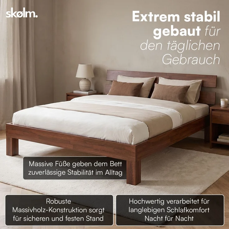 skølm 'Floki' Bett 180x200 cm, Bettgestell aus Eiche, Bettkopf 2 Streben, Massivholzbett lackiert, Walnuss Optik, geeignet als Doppelbett – Bild 7
