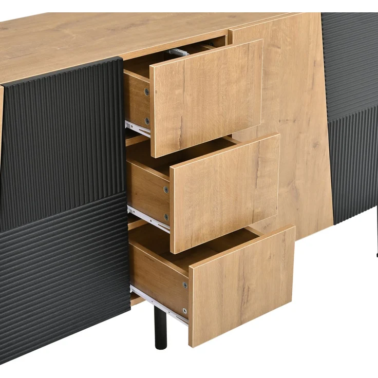 DESVIAE Sideboard Natural-Schwarz aus Spanplatte – 160x80x40 cm – 4 Türen, 3 Schubladen – Bild 9