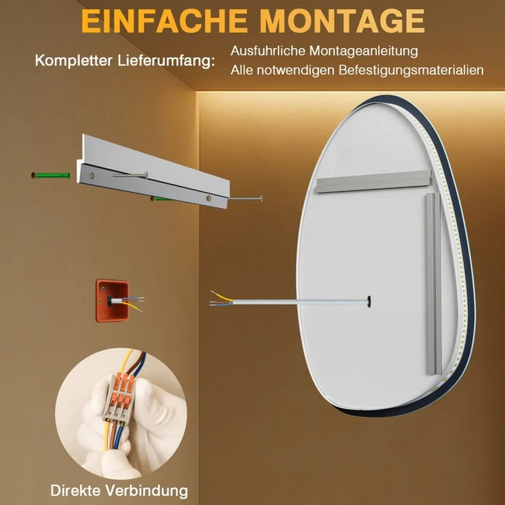 Pesenxan Asymmetrischer LED Badspiegel 83x60 cm, rahmenloses Design, 3 Lichtfarben dimmbar & Memory-Funktion, Anti-Beschlag Technologie, Touch-Steuerung & Wandschalter kompatibel, IP44, für Badezimmer, Schlafzimmer & Friseursalon, Silber – Bild 9