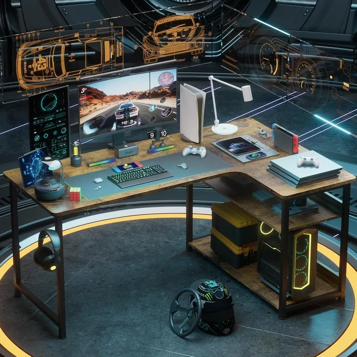 COMHOMA Schreibtisch Gaming Tisch mit Regal, Eckschreibtisch mit USB-Ladeanschluss und Steckdose, 140cm Computertisch L Form, PC Tisch für Büro, Heimbüro (braun-130CM) – Bild 2