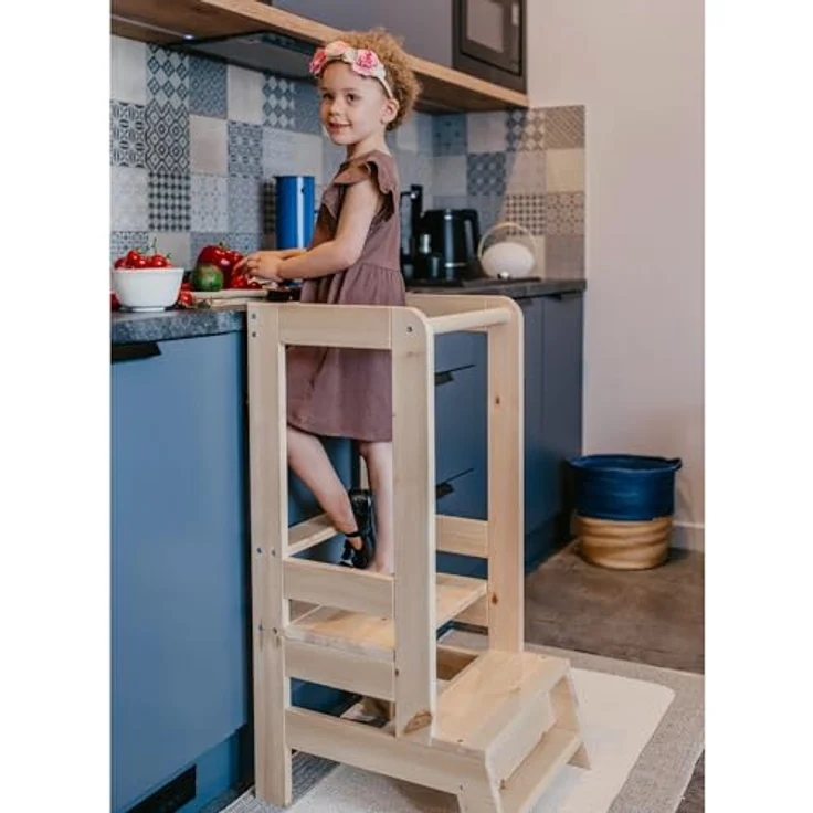 MeowBaby 'Kitchen Helper' Lernturm, Tritt 3-fach höhenverstellbar, Kiefer natur, Massivholz – Bild 8