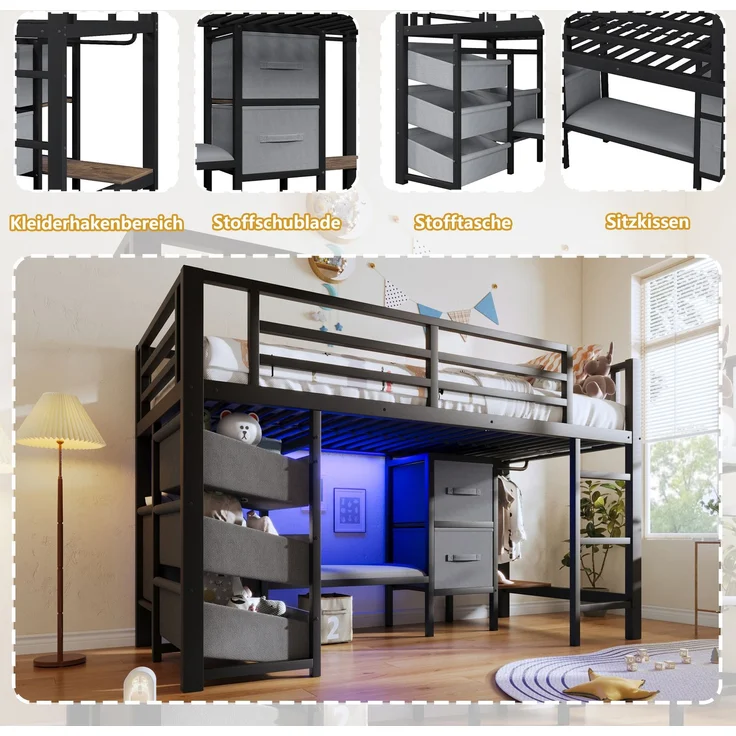 Kinderbett Halbhohes Bett 90x200 cm aus Metall mit LED-Beleuchtung, Sitzkissen, Stauraumschublade und Aufhängebereich – Bild 9