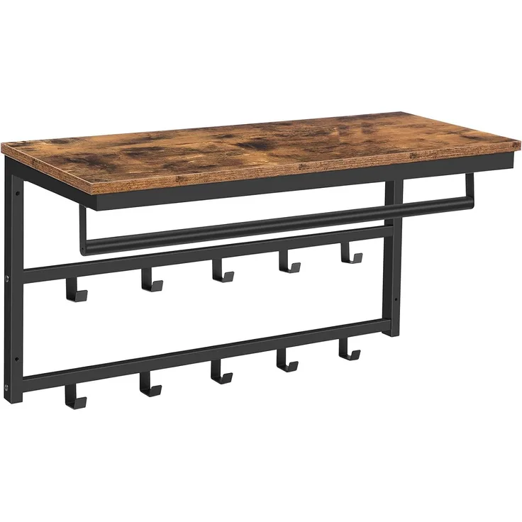 HOOBRO Wandgarderobe mit Ablage, Wandregal mit 10 Haken und Stangen, Wandmontiertes Hängeregal, 80 x 30 x 42 cm, für Flur, Wohnzimmer, Schlafzimmer, Badezimmer, Industriestil EBF12YM01