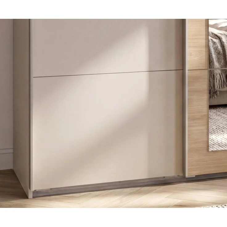 Schwebetürenschrank 3-trg. Kleiderschrank 270 cm Beige Grau, Eiche Natur Spiegel – Bild 3