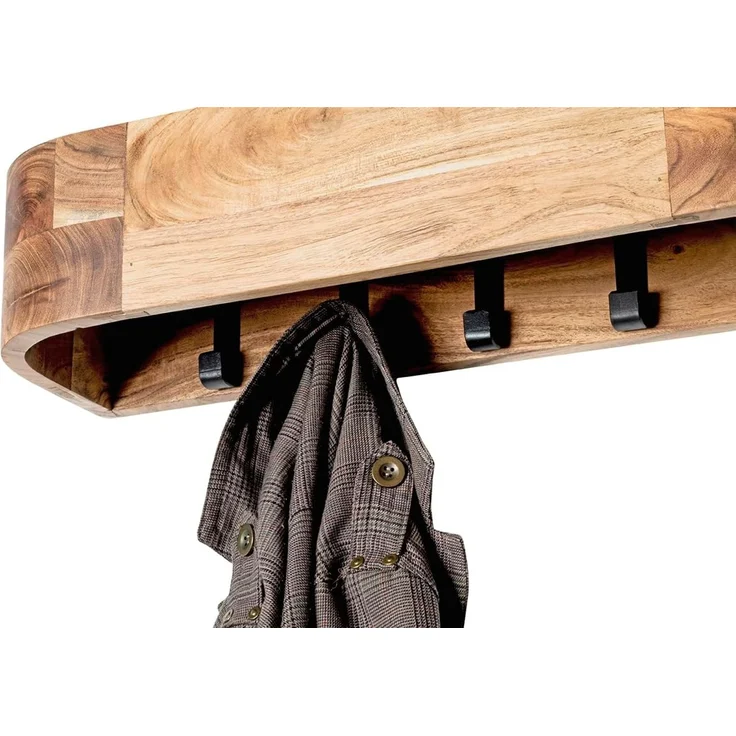 Haku Wandgarderobe aus Akazie Massivholz mit 5 schwarzen Metallhaken, Flurgarderobe im Urban-Collective-Stil, 60x20x13 cm – Bild 6