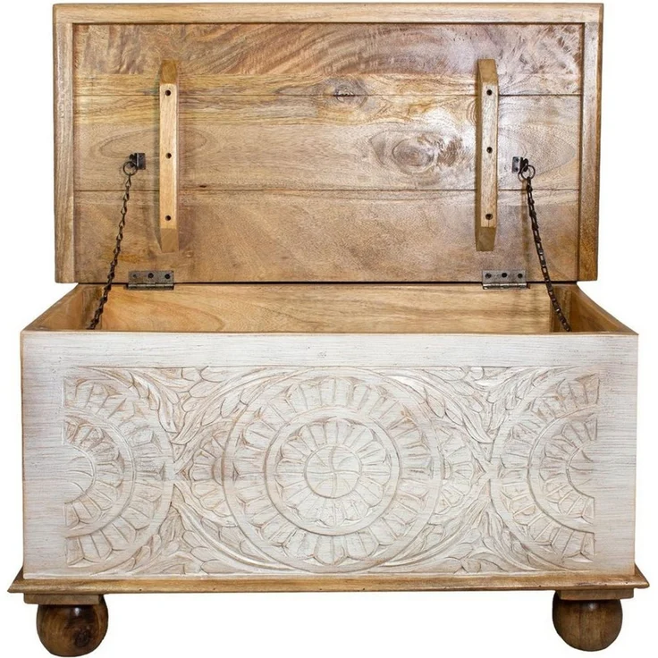 Oriental Galerie Truhe Indische Truhe Schnitzerei natur weiß 80 cm, Holztruhe, Couchtisch, Shabby Chic – Bild 1