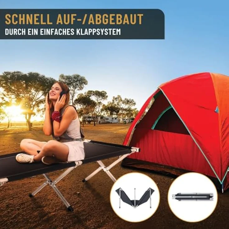 Kronenburg Faltbett XXL - Campingbett klappbar 210 x 82 x 45cm Belastbarkeit bis 200 kg - Stahlrohr verstärkt - in Schwarz – Bild 5