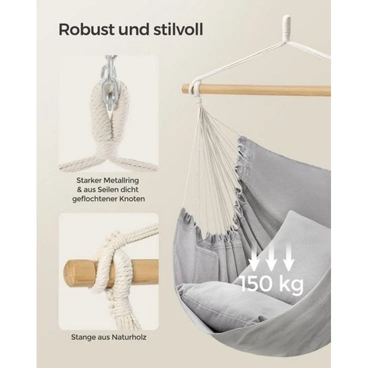 Songmics Hängesessel, Hängeschaukel, Hängestuhl mit 2 Kissen, Metallkette, bis 150 kg belastbar, Indoor und Outdoor, Wohnzimmer, Schlafzimmer, taubengrau GDC187G01 – Bild 3