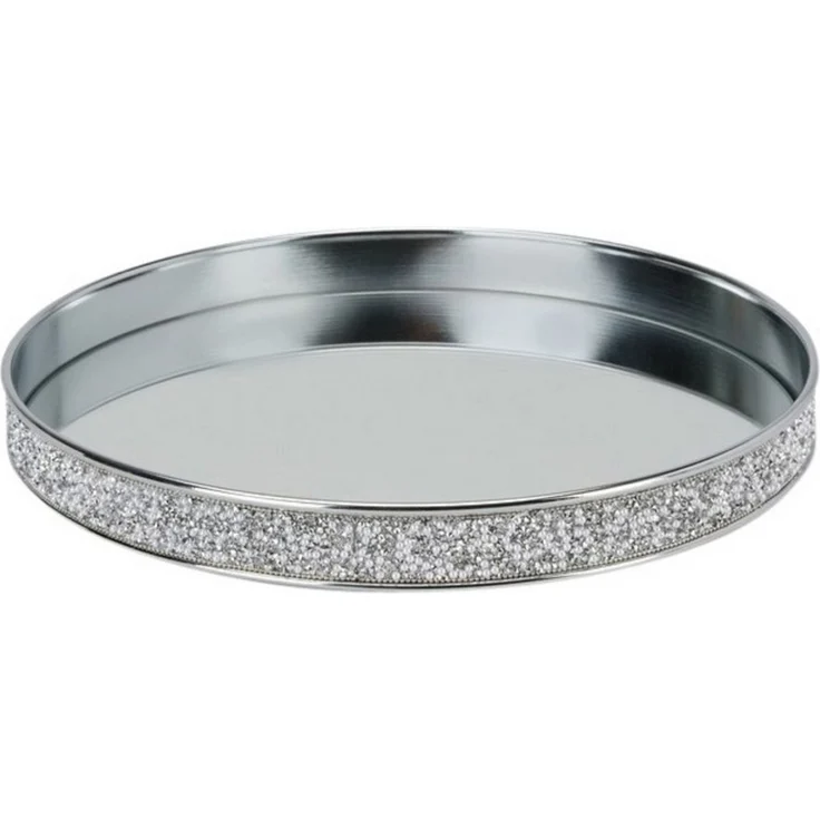 Online-Fuchs Dekotablett - Spiegeltablett aus Metall in Silber, Türkis mit Fuß - rund (Dekoschale, zur Präsentation von Vasen, Kerzen, Schmuck etc), mit türkisen Glitzerperlen und Glassteinen bestückt – Bild 2