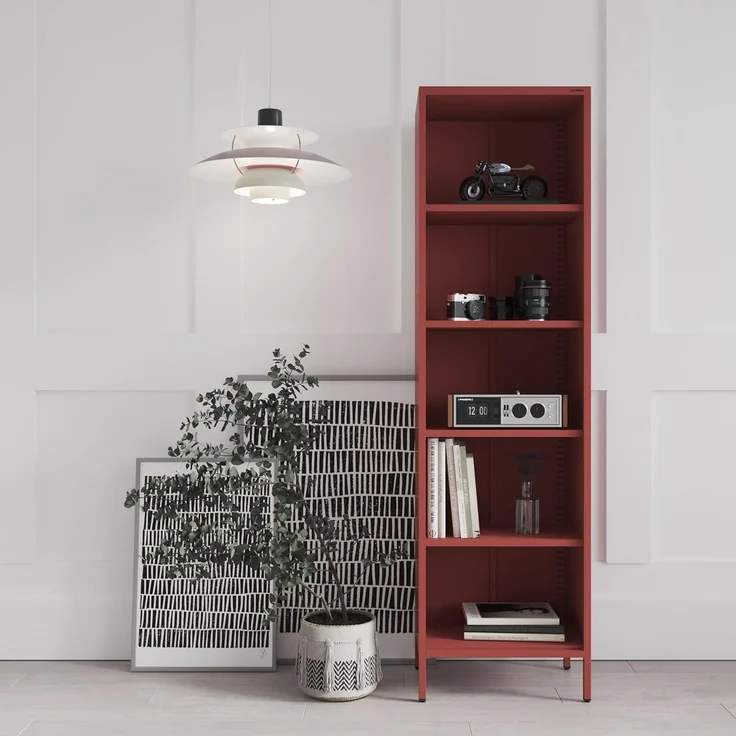 Jan Nowak Bücherregal Metall - Mario | Stabiles Regal Industrial mit 4 höhenverstellbaren Einlegeböden (4x30 kg) und Wandmontage | Hochregal Glitzernd, Regal Schmal | 50 x 180 x 35 cm | Rot – Bild 4