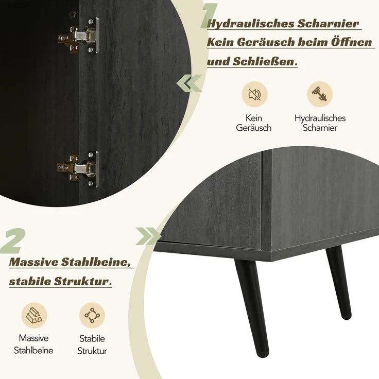 TV-Schrank Lowboard aus MDF mit Klappglasfront & Kabelmanagement, für bis zu 90 Zoll, 200x40x55,5 cm, Grau – Bild 6