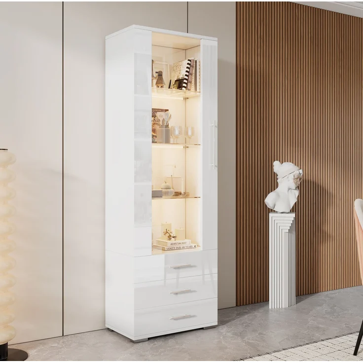 DESVIAE Vitrine aus MDF, Weiß, mit LED-Beleuchtung und 3 Schubladen, 60x180x35 cm – Bild 2