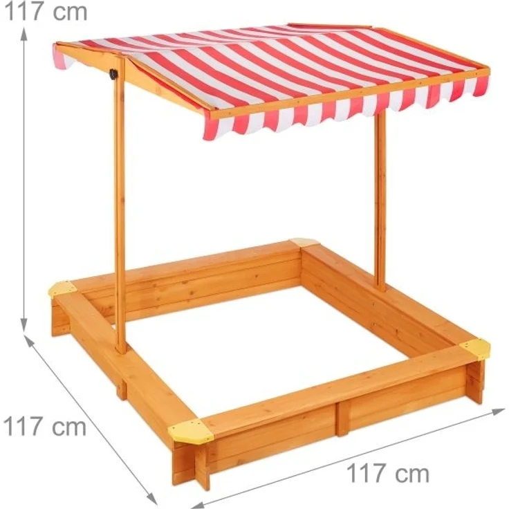 Relaxdays Sandkasten mit Dach, Tannenholz natur / rot, 117 x 117 x 117 cm – Bild 4